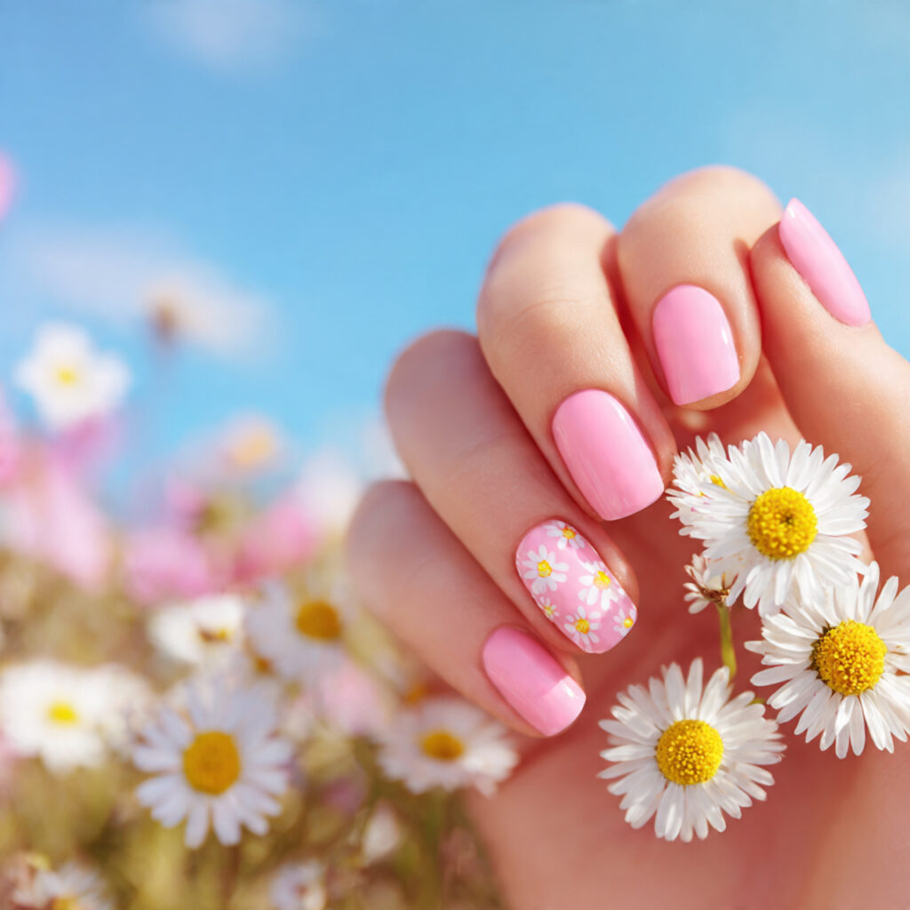 attractive daisy pink nails outdoor summer backgro