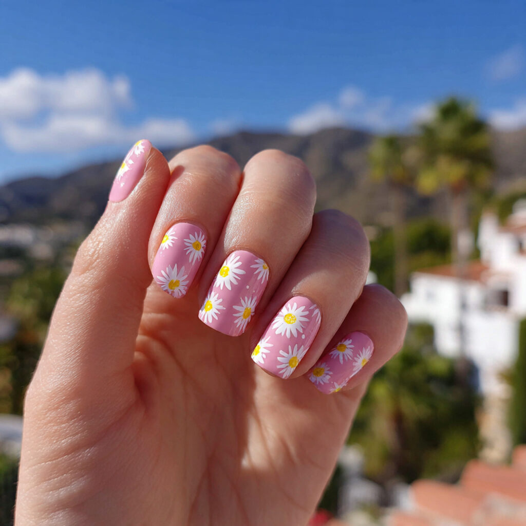 attractive daisy pink nails with outdoor backgroun