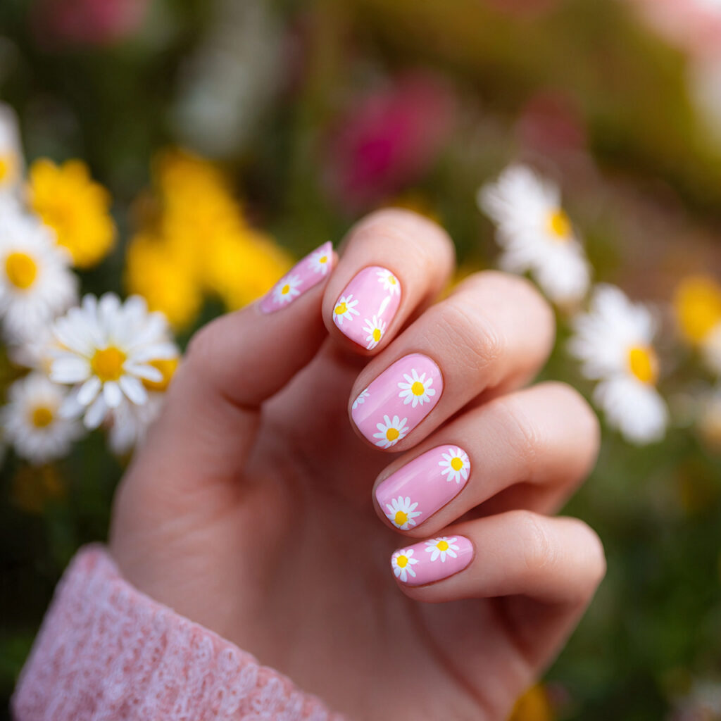 attractive daisy pink nails with outdoor summer ba