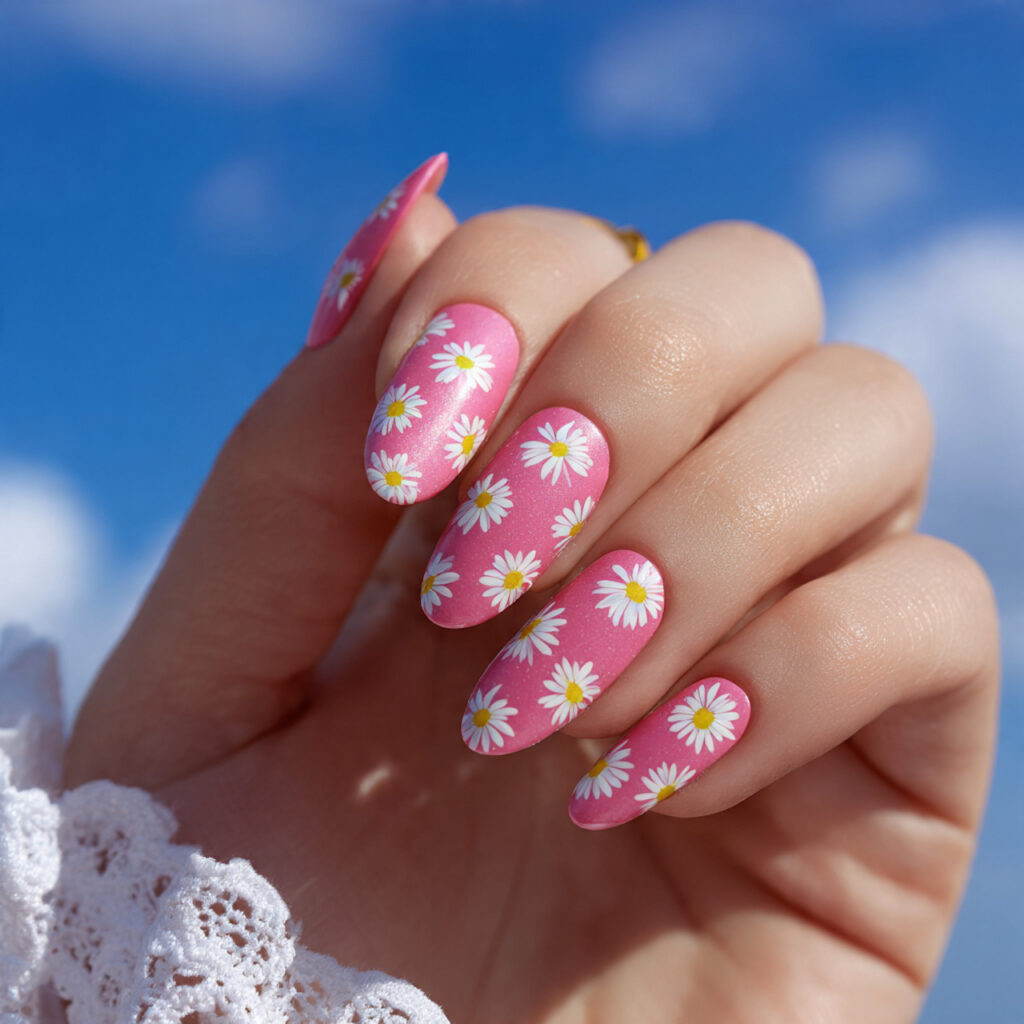 attractive daisy pink nails with summer outdoor ba