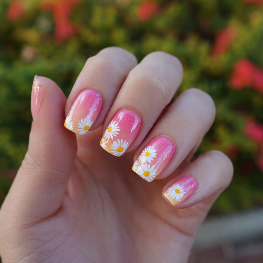 attractive daisy pink ombre nails with outdoor bac