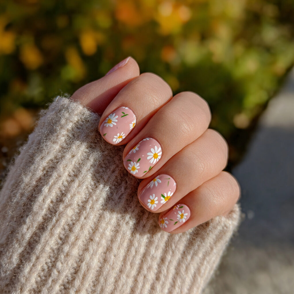 attractive daisy pink short nails with outdoor sum