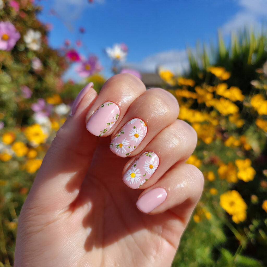 attractive daisy soft pink nails with outdoor back