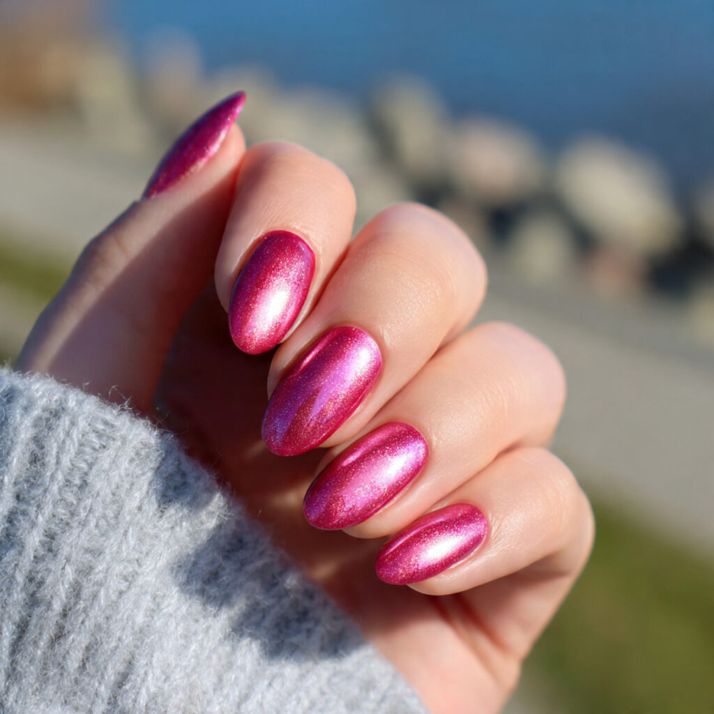 attractive dark pink aura nails with outdoor backg