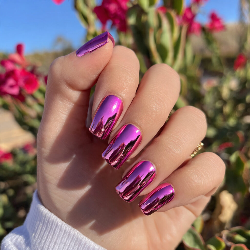 attractive dark pink chrome nails with outdoor bac