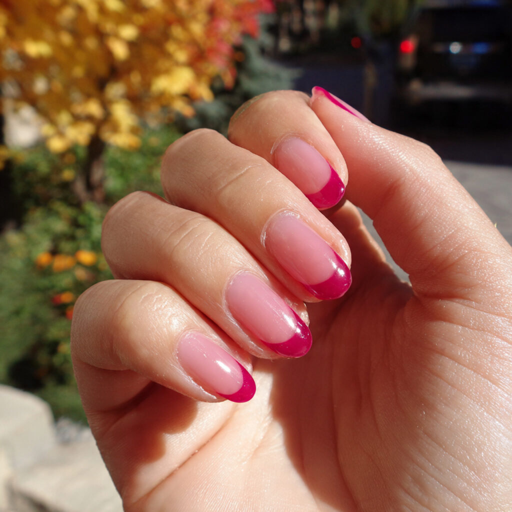 attractive dark pink french tip nails with outdoor