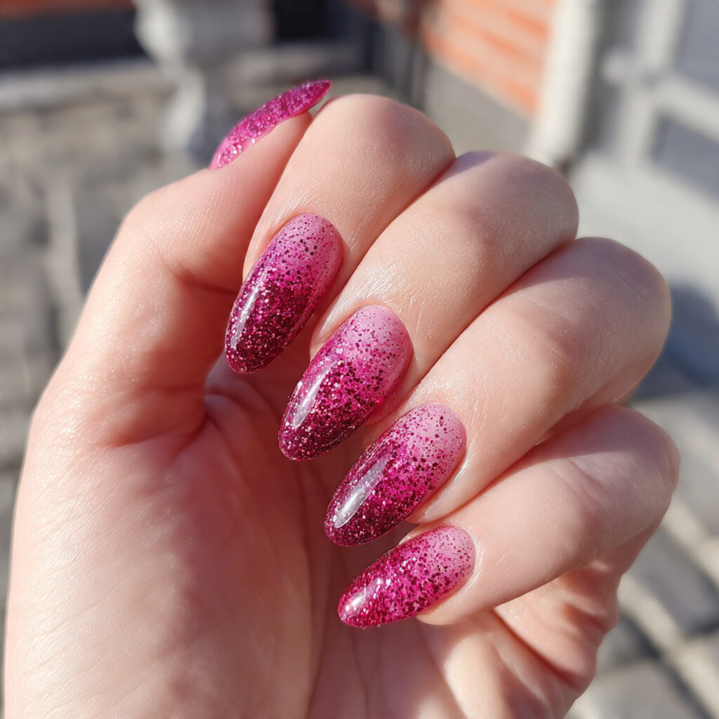 attractive dark pink glitter fade nails with outdo 1