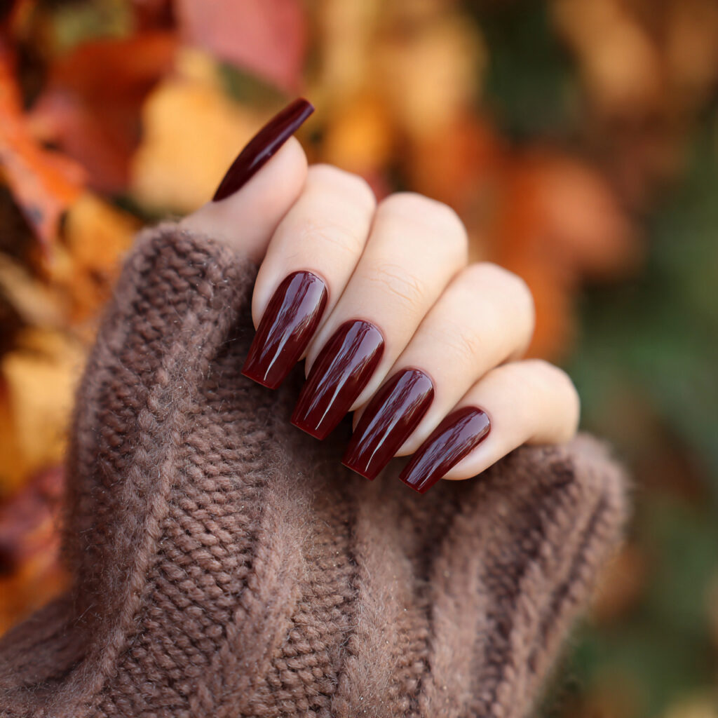 attractive deep burgundy coffin nails with outdoor