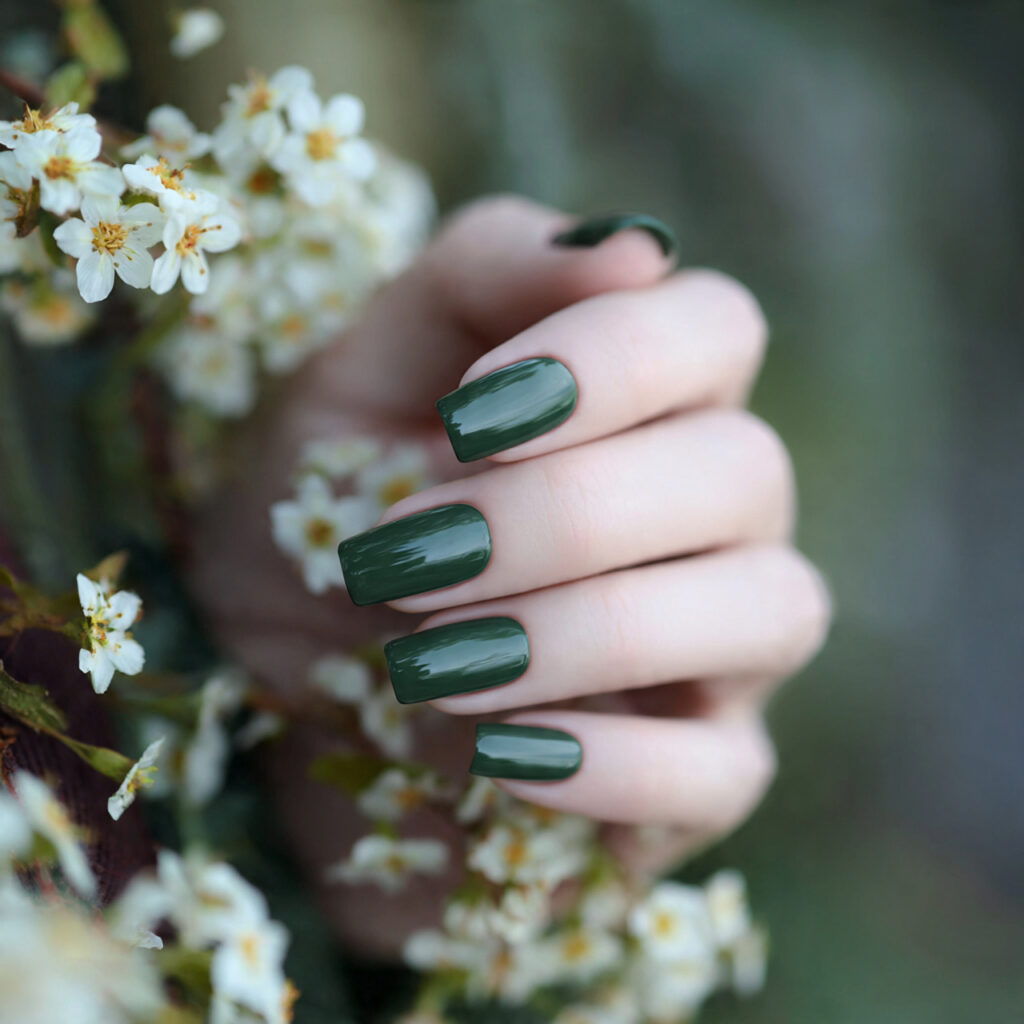 attractive deep forest green square nails with out