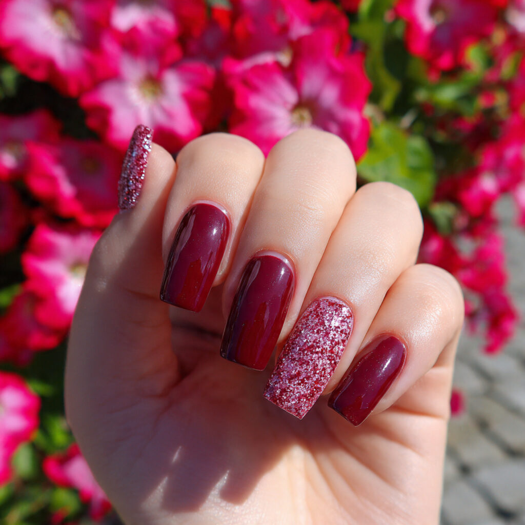 Pink and Red Nails: 15 Flirty, Bold & Pinterest-Perfect Designs You’ll Love 11 attractive deep red base with pink glitter accent 1