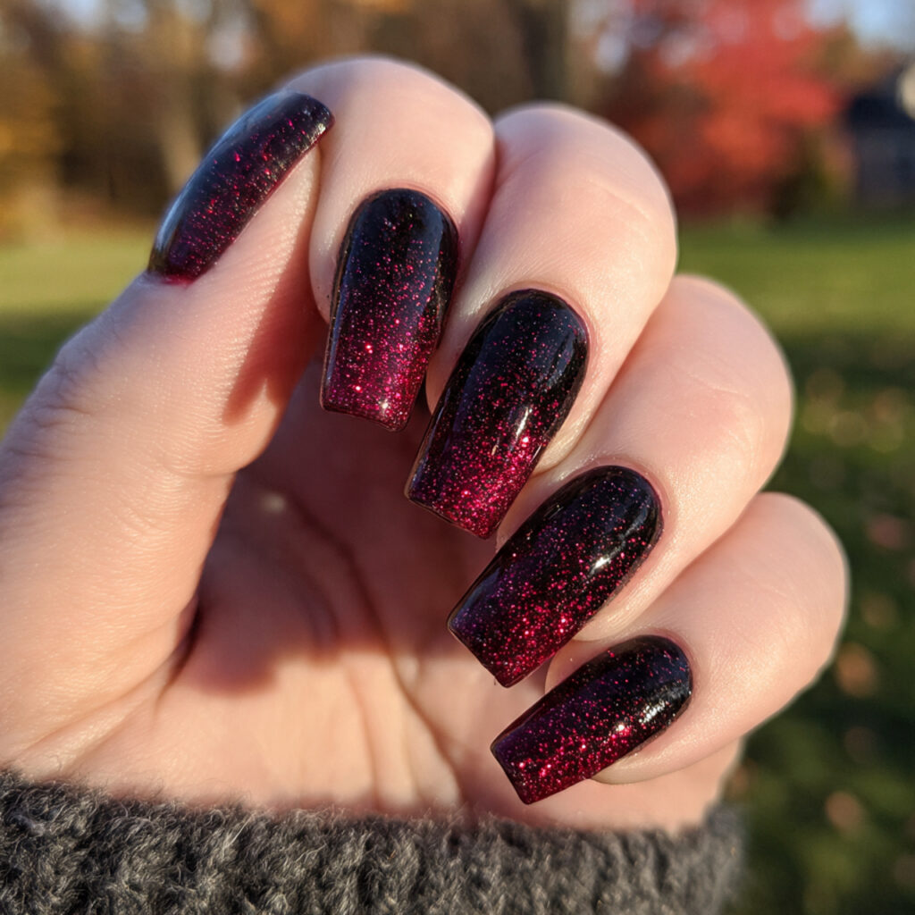 attractive deep red to black glitter fade nails wi