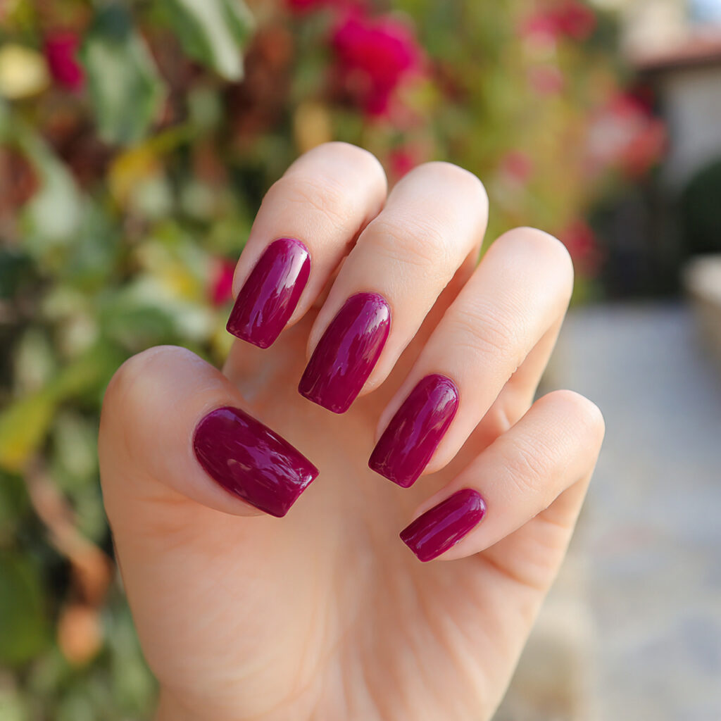 attractive deep rose pink nails with outdoor backg