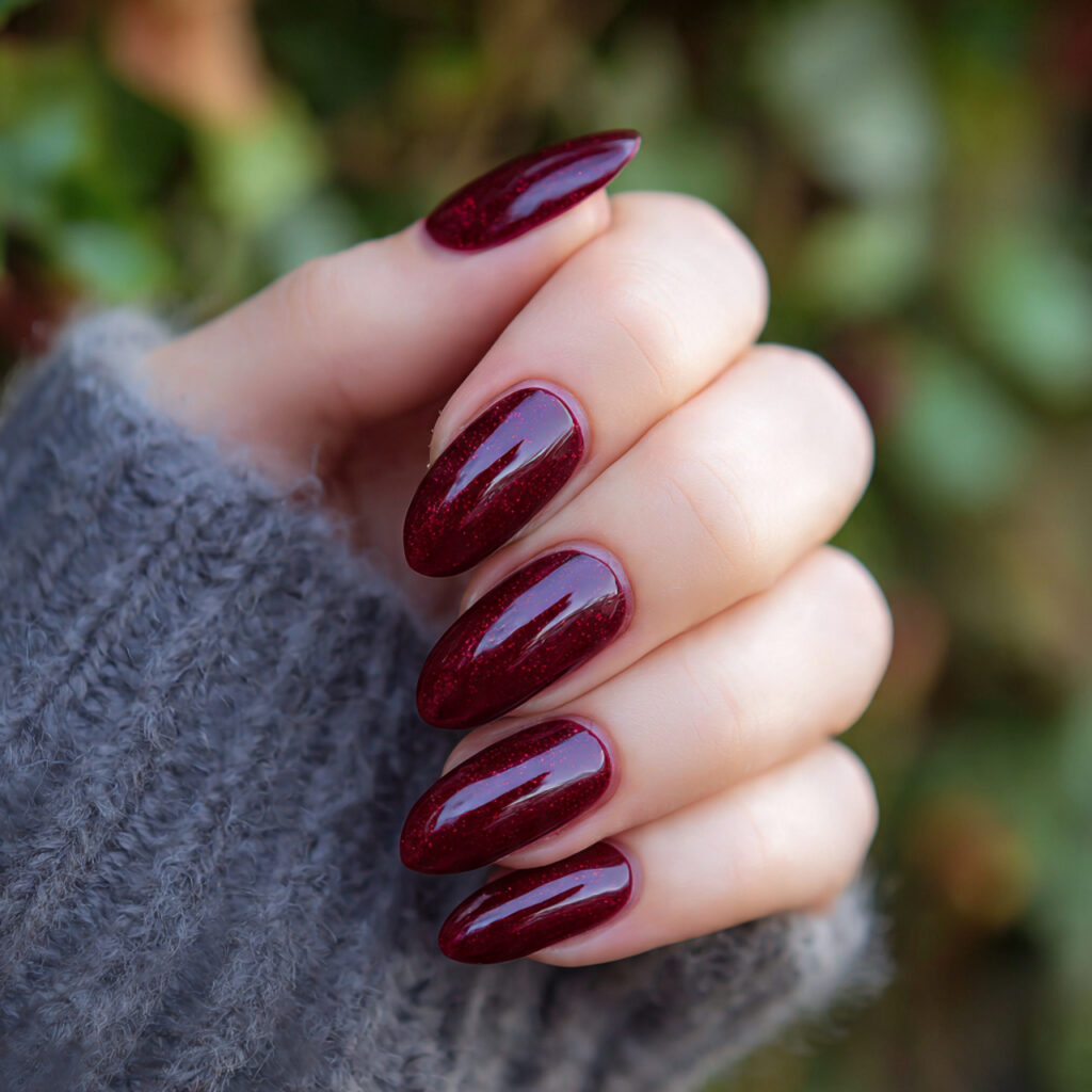 attractive deep ruby almond gloss nails with outdo 2