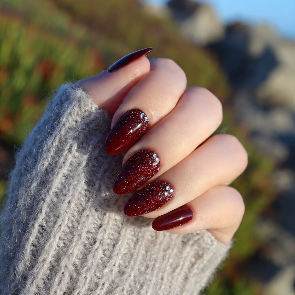 attractive deep ruby almond holiday glam nails wit 1
