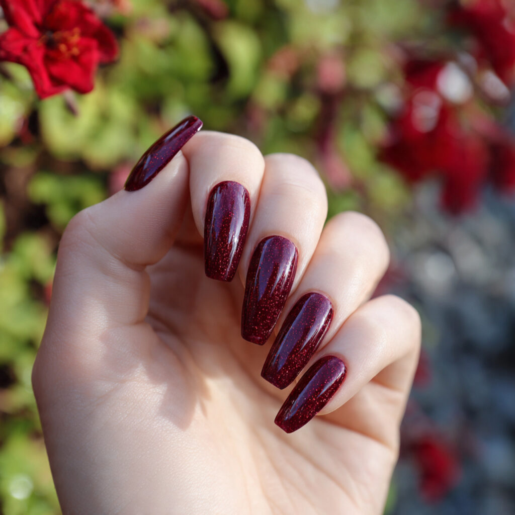 attractive deep ruby coffin acrylic glam nails wit
