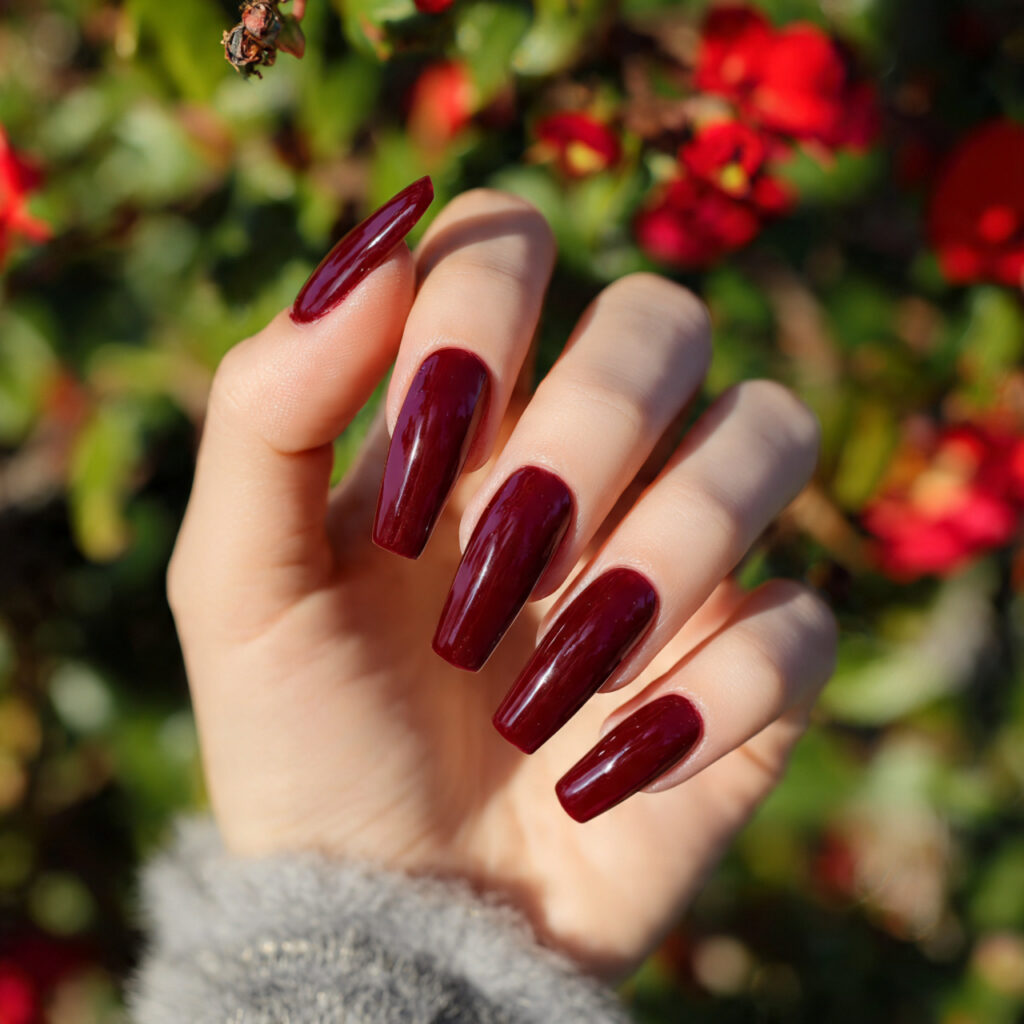 attractive deep ruby coffin elegance nails with ou