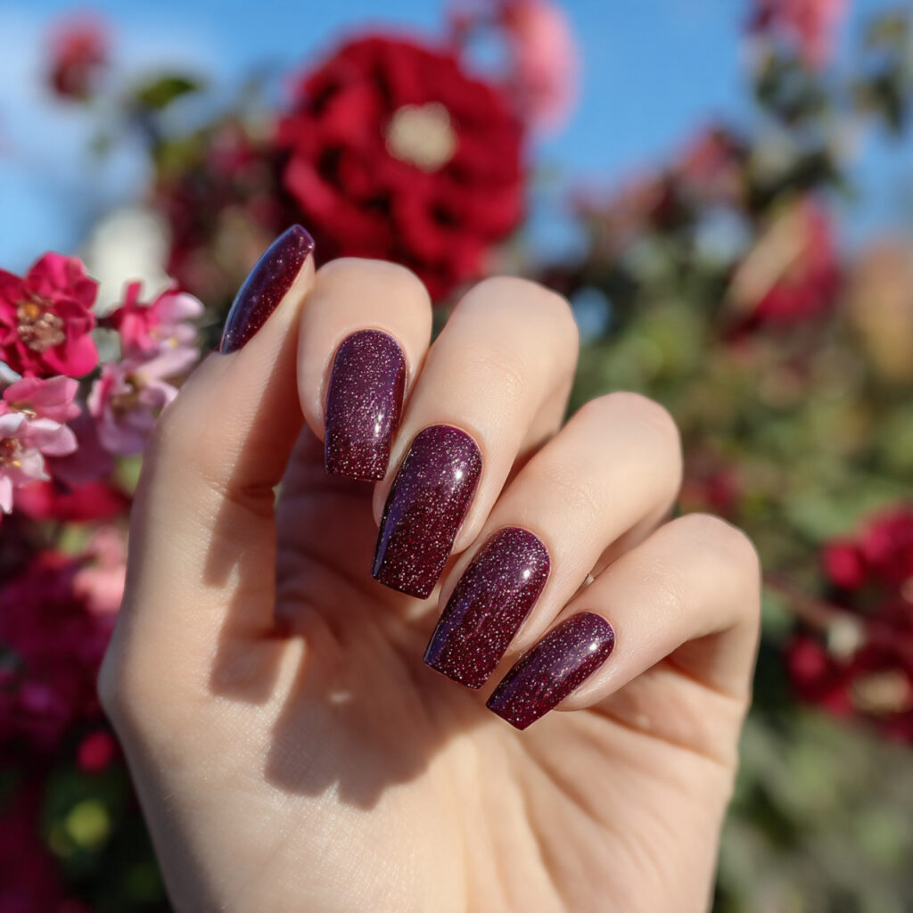 attractive deep ruby square tip glam nails with ou