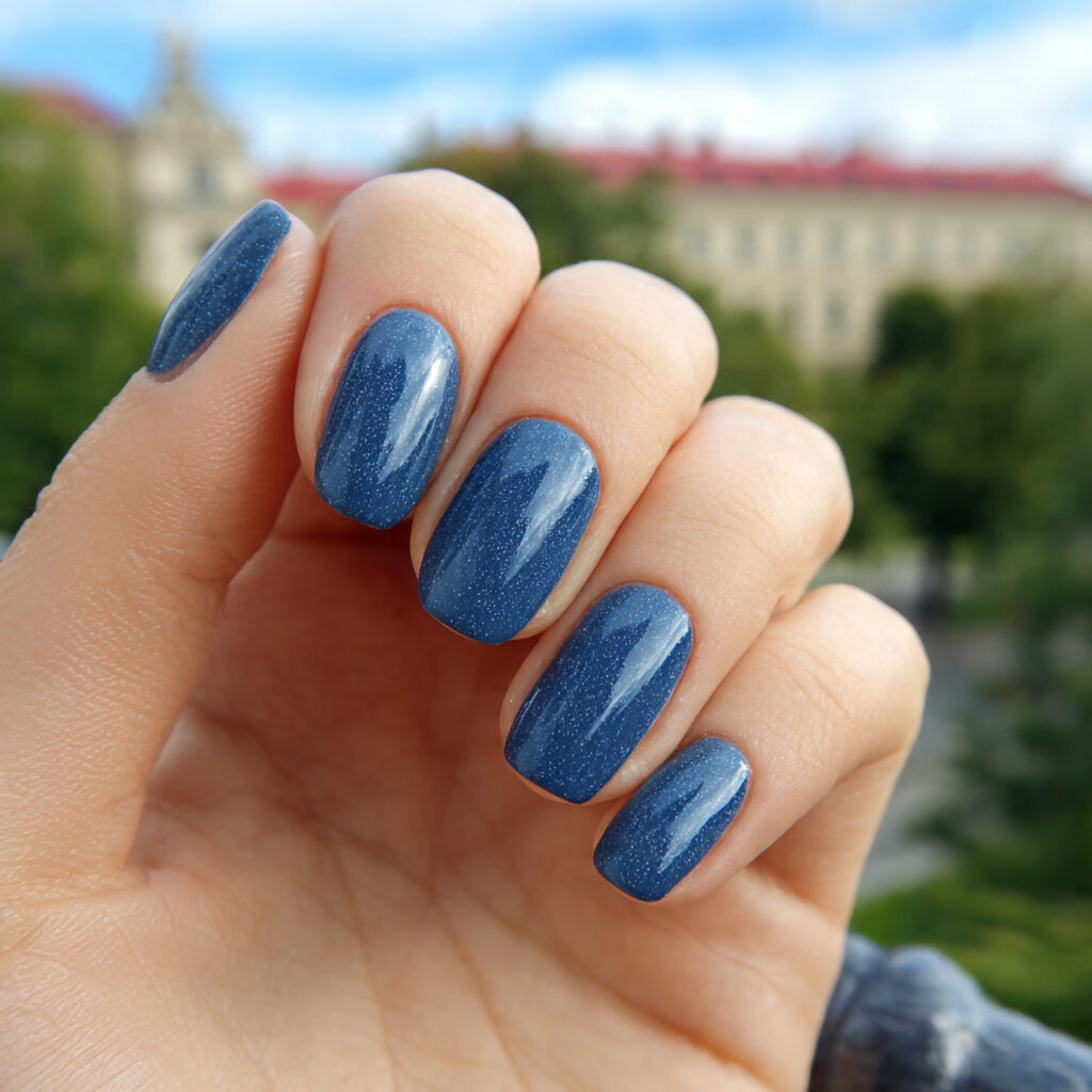 attractive denim blue gloss nails with outdoor bac