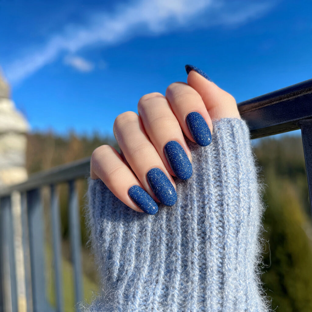 Nail Inspo 2026: 14 Aesthetic Nail Ideas That Feel So Fresh, Soft, and Trendy 7 attractive denim blue nails with outdoor backgroun