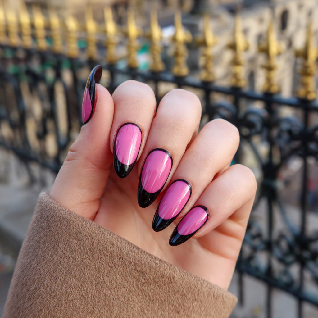 attractive double french black and pink nails with