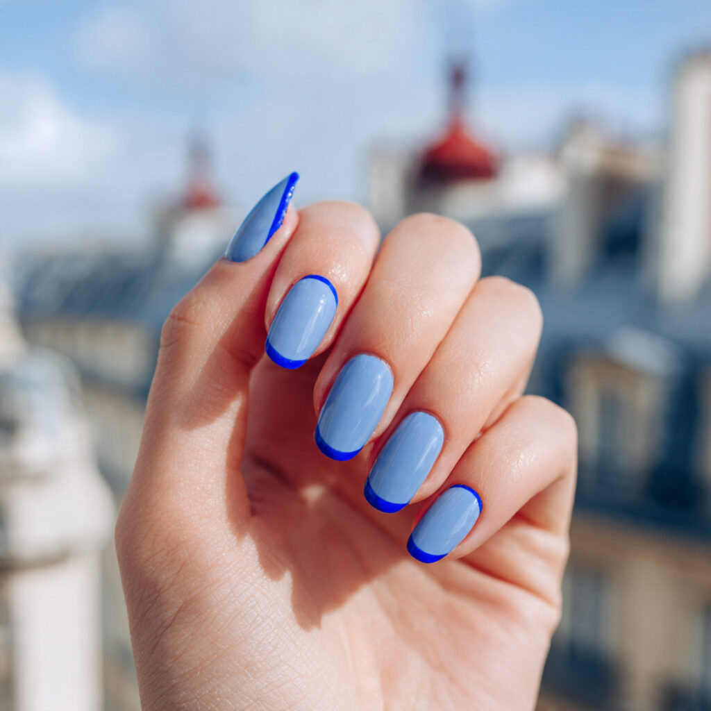 attractive double french blue nails with outdoor b