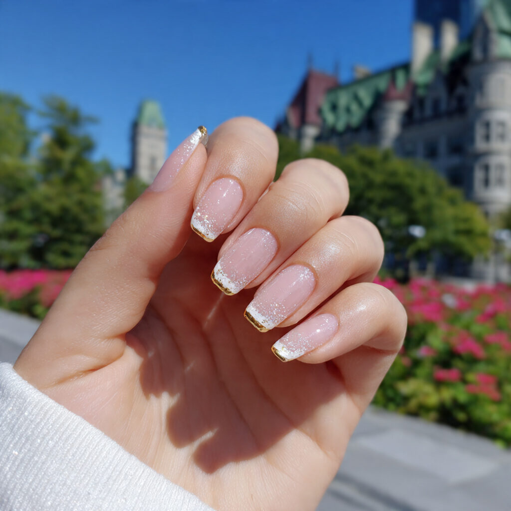 attractive double french gold outline nails with o