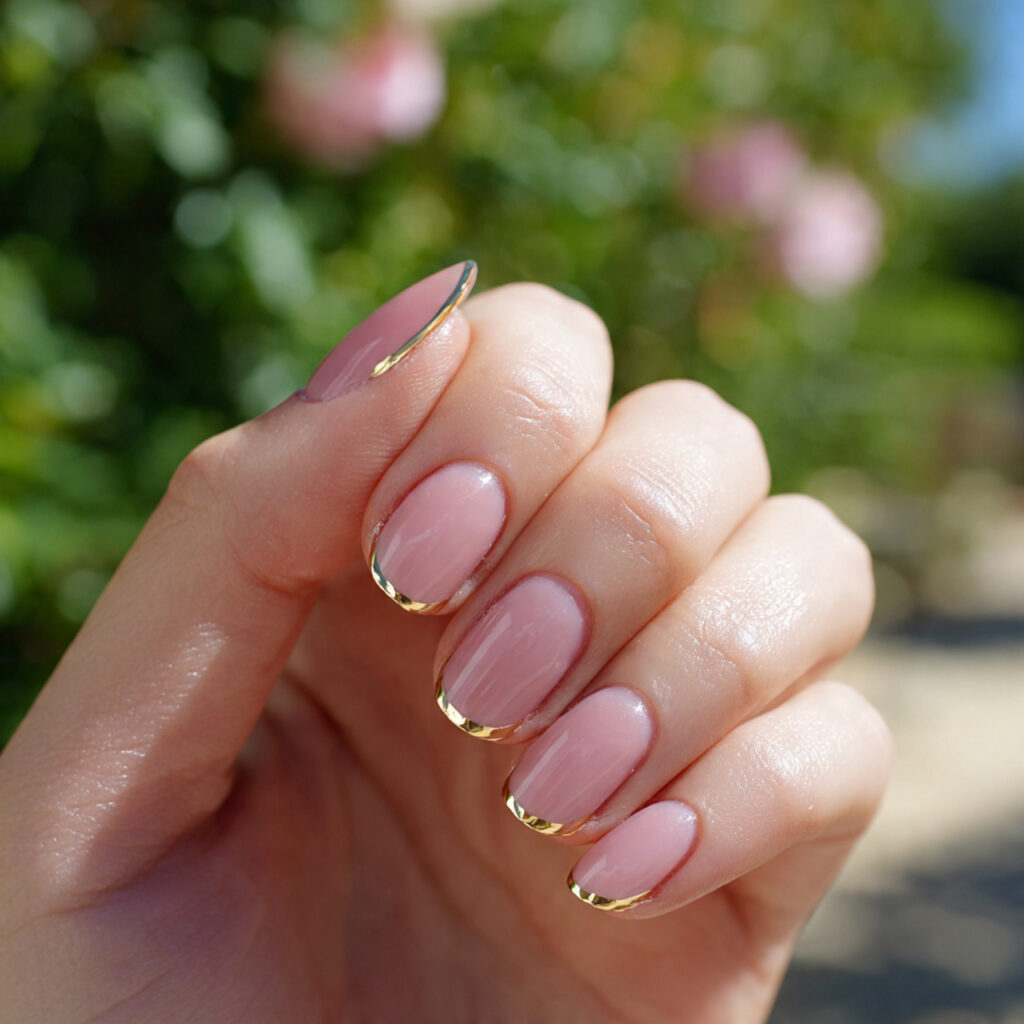attractive double french in blush gold line nails