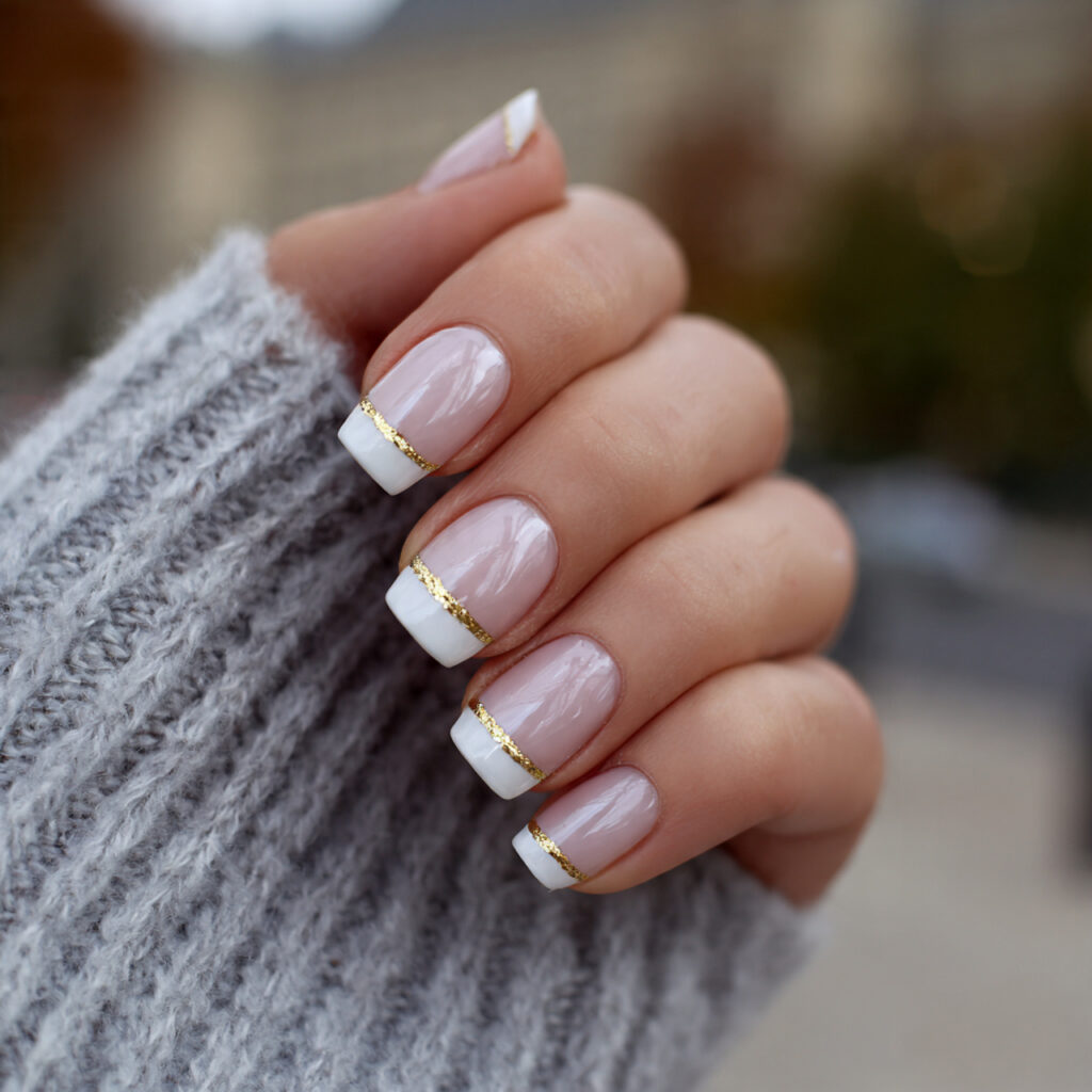 attractive double french in white gold line nails