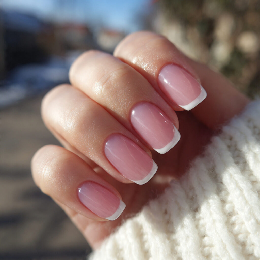 attractive double french line nails in blush and w