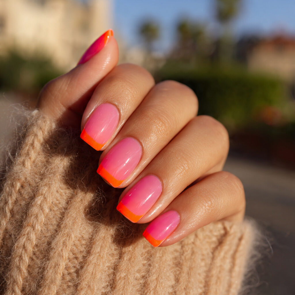 attractive double french pink and orange nails wit