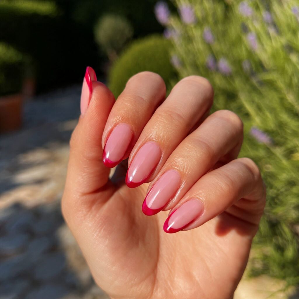 attractive double french pink and red nails with o