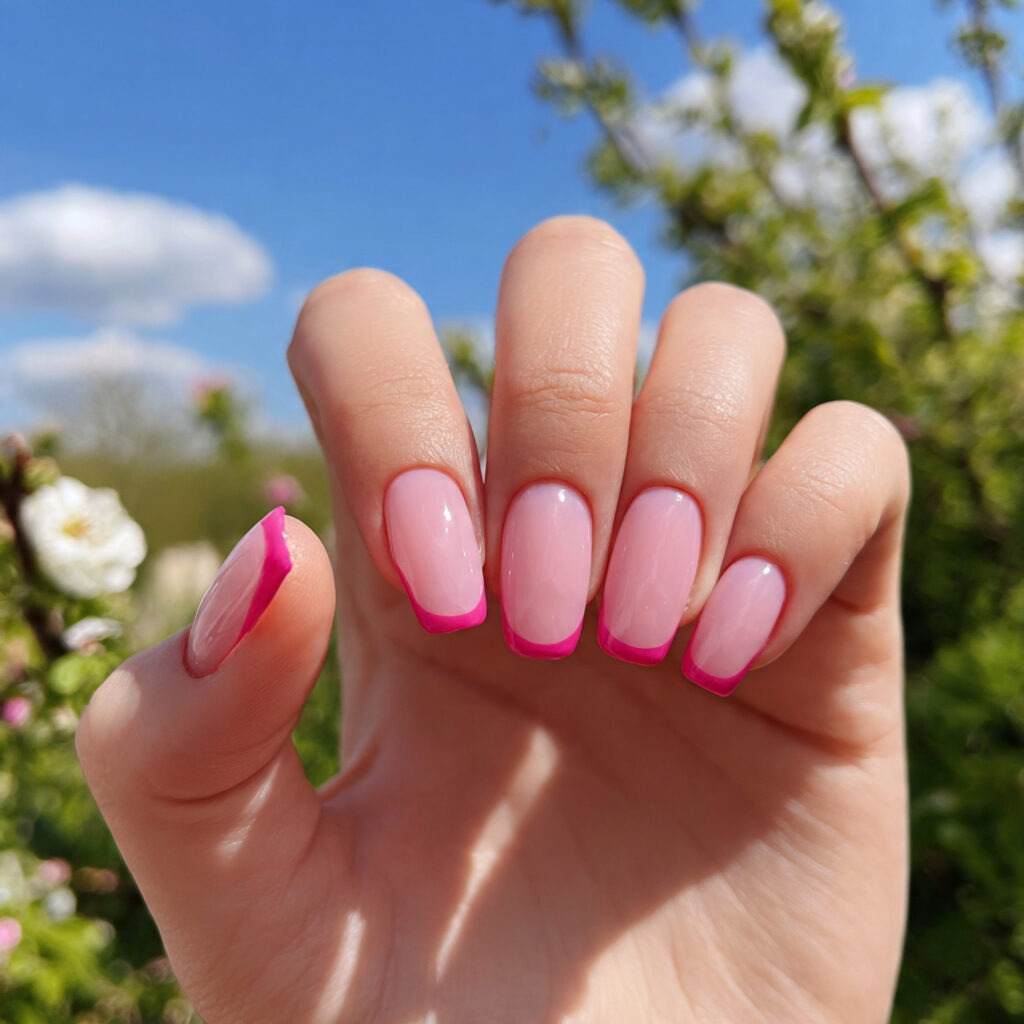 attractive double french pink outline tips nails w