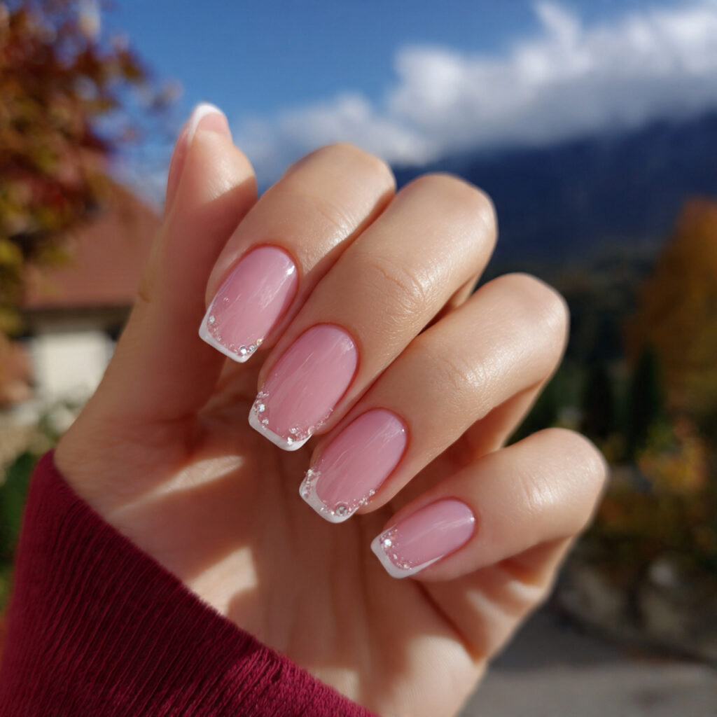 attractive double pink french nails with outdoor b