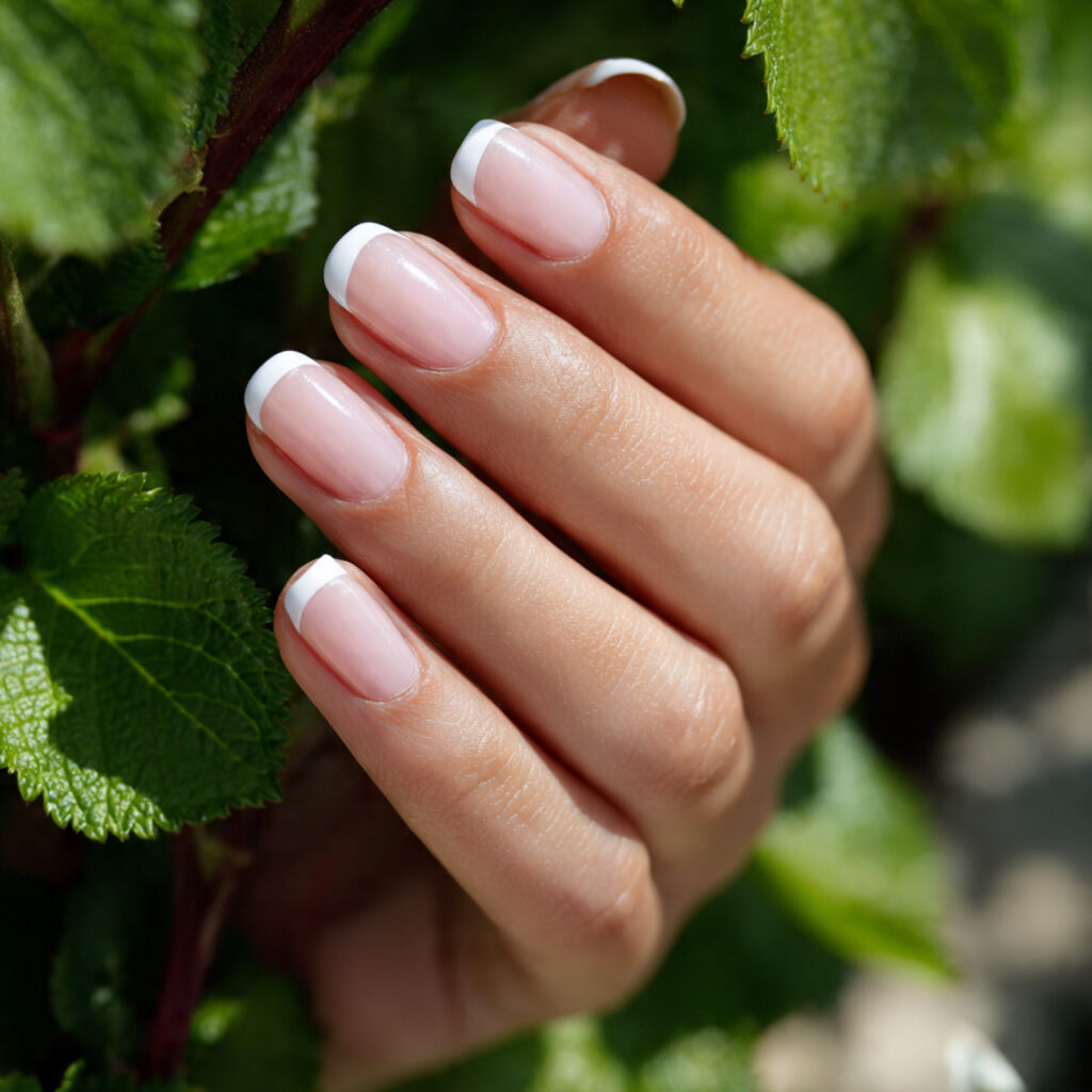 attractive double white french short nails with ou 1