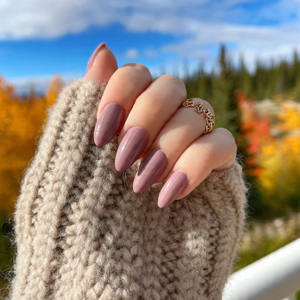 attractive dusty mauve almond nails with outdoor f 1