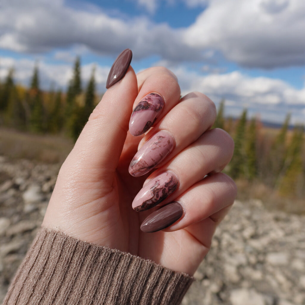 attractive dusty pink and espresso nails with outd