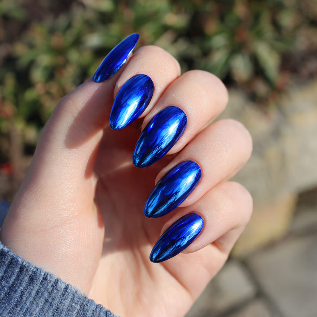 attractive electric blue acrylic nails with chrome