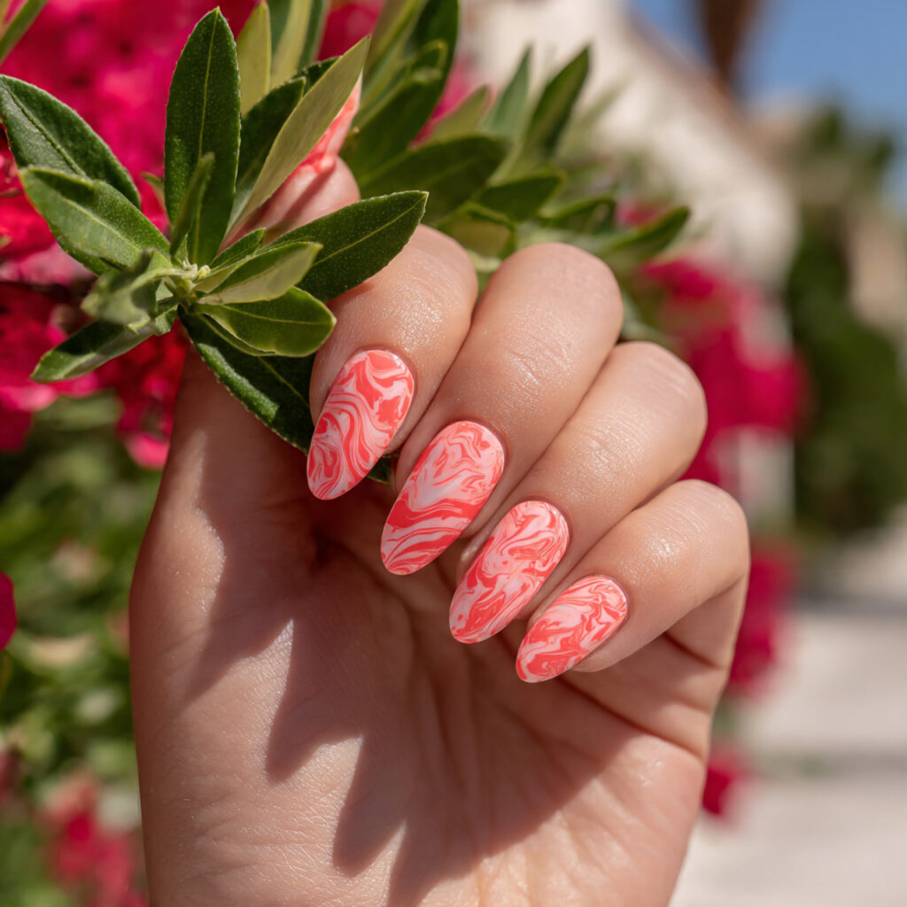 attractive electric coral swirl almond nails with