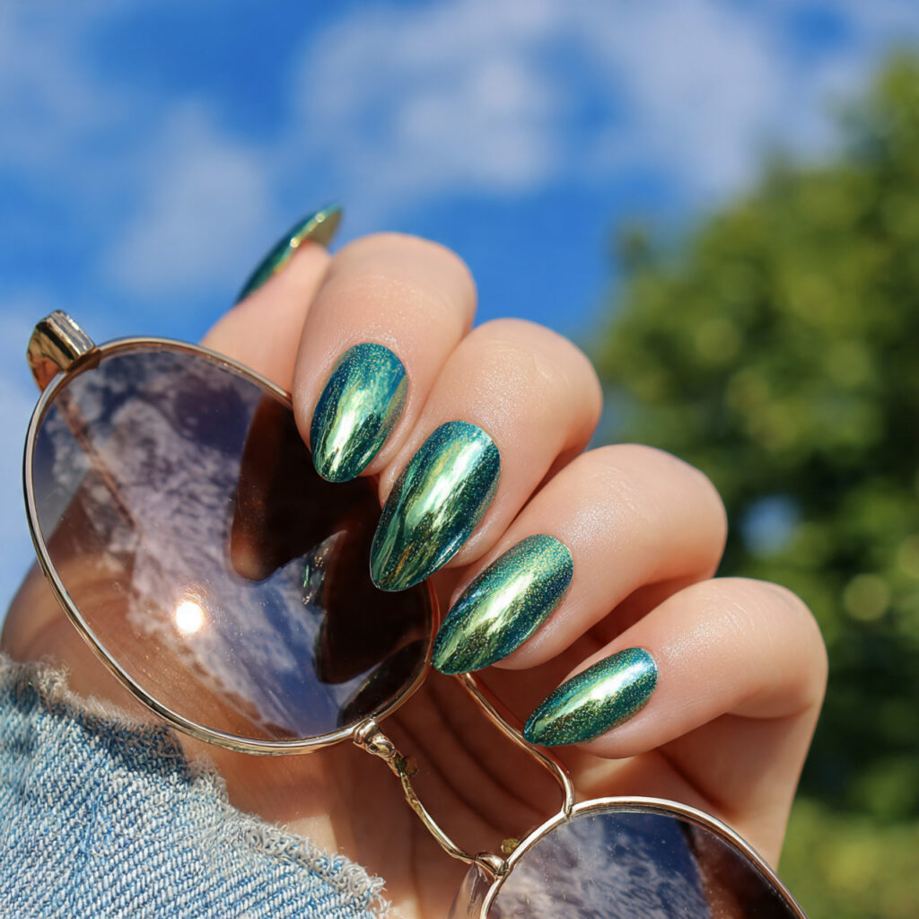 attractive emerald chrome almond nails with outdoo