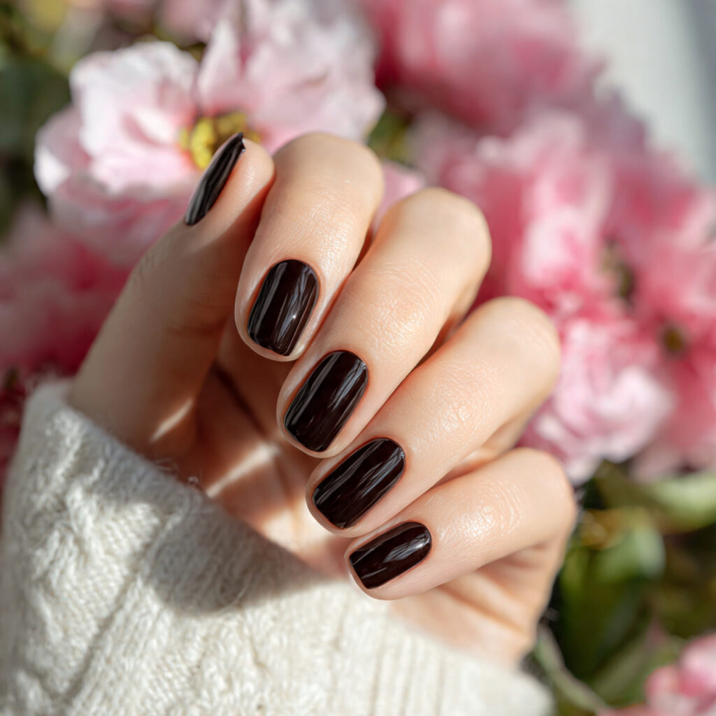 attractive espresso black short nails with outdoor