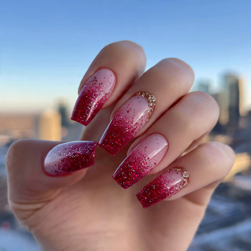 attractive fine red glitter ombre tips nails with