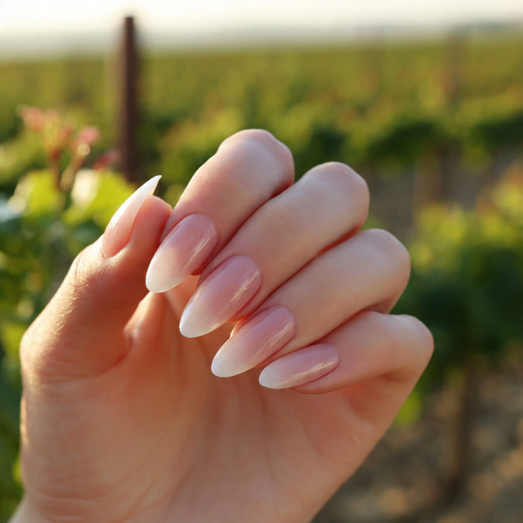 attractive french fade almond nails with outdoor b