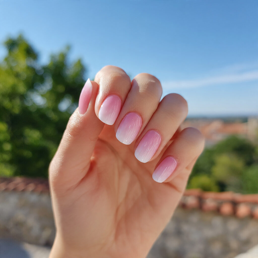 attractive french ombre pink nails with outdoor ba