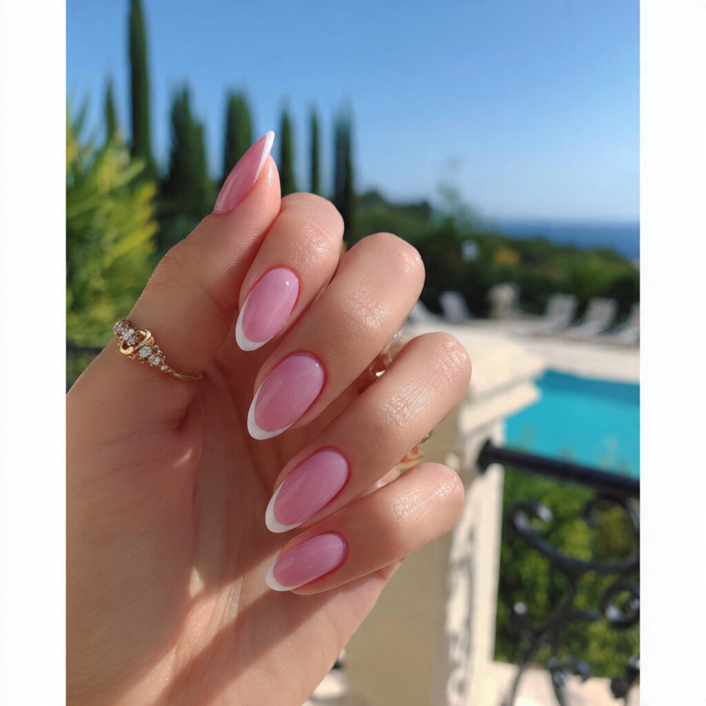 Nail Inspo Almond: 12 Dreamy Almond Nail Ideas You’ll Want to Save Instantly 2 attractive french tip almond nails with a baby pin