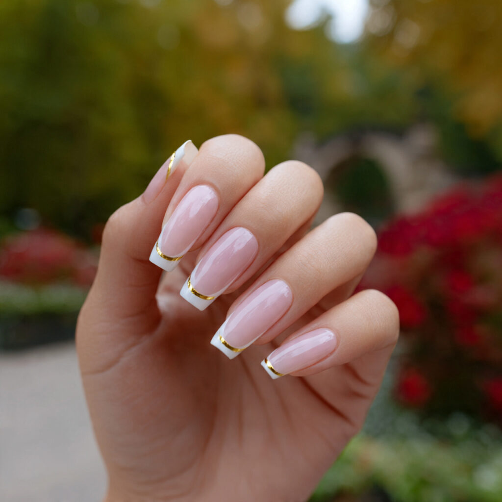 attractive french tip coffin nails with gold linin