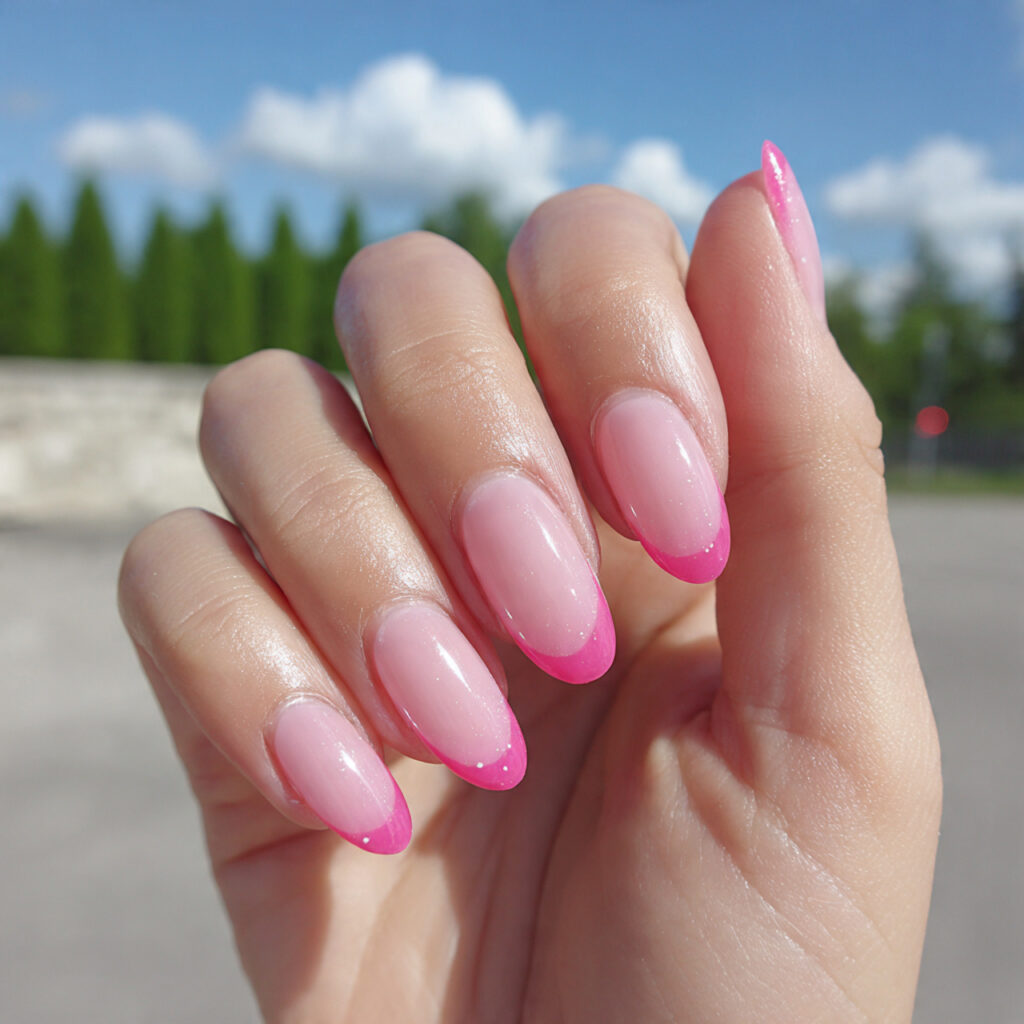 attractive french tip pink aura nails with outdoor