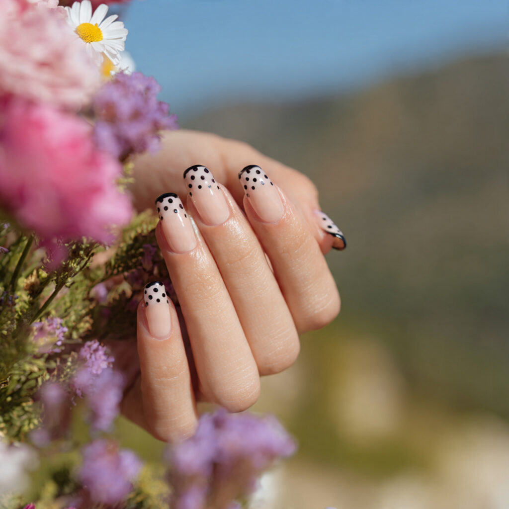 attractive french tip polka dot nails with outdoor