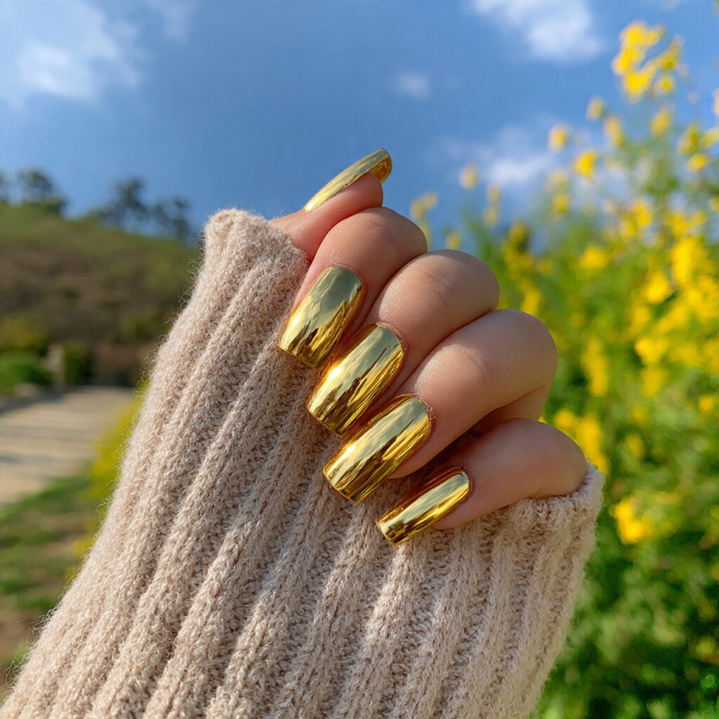 attractive full metallic gold chrome nails with ou