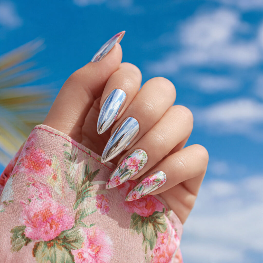 attractive glazed chrome long nails with outdoor s