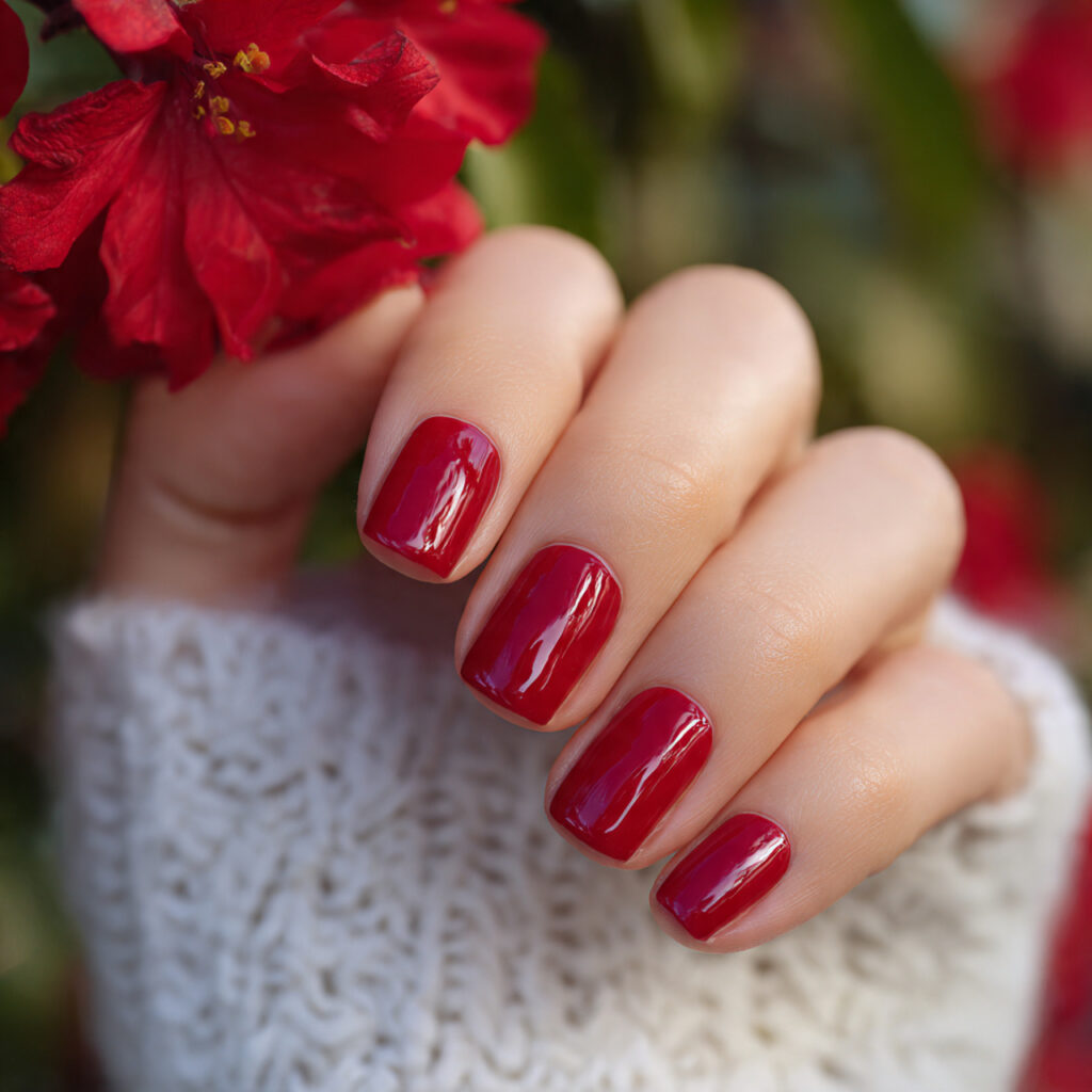 attractive glazed crimson short nails with outdoor